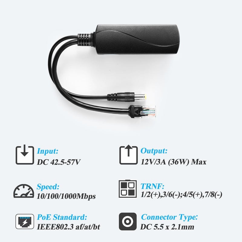 REVODATA PoE Splitter Gigabit 36W 12V/3A, DC 5.5 * 2.1mm Plug PoE to DC 12V/3A Output, Gigabit Ethernet Comply IEEE802.3bt, Plug and Play (PS5712BG) - Image 3